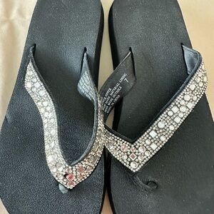 Yellow Box Black Sandals with Rhinestones